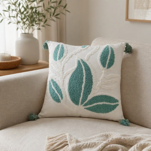 Cojín decorativo blanco 45×45 cm con hojas verdes texturizadas y borlas en las esquinas