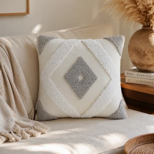 Cojín decorativo café y blanco 45×45 cm con diseño de rombos texturizados