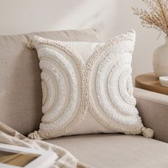 Cojín decorativo blanco y beige 45×45 cm con círculos texturizados en relieve