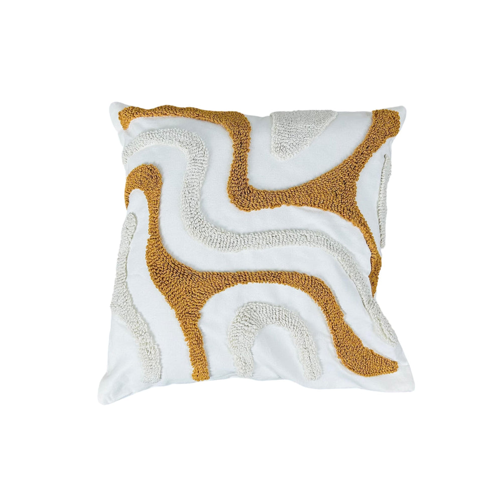 Cojín decorativo trazos beige y mostaza 45×45 cm