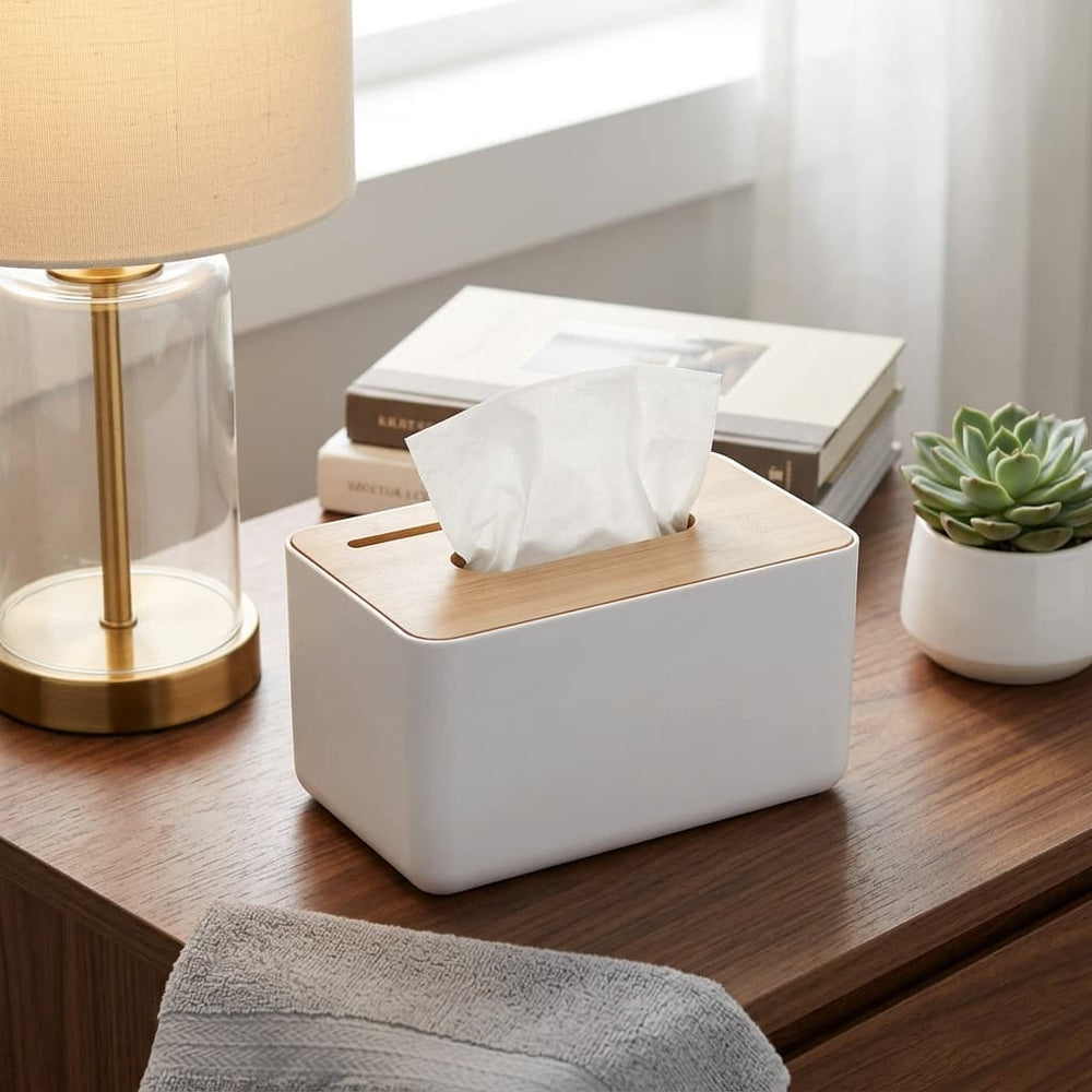 Dispensador de pañuelos rectangular blanco con tapa bambú natural 21x13x10 cm