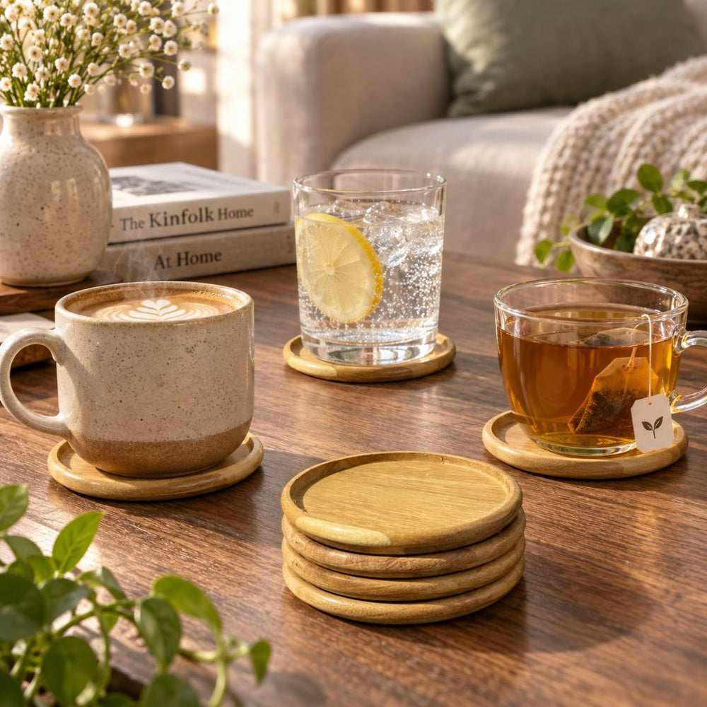 Set de porta vasos x6 circulares en bambú natural de 10 cm