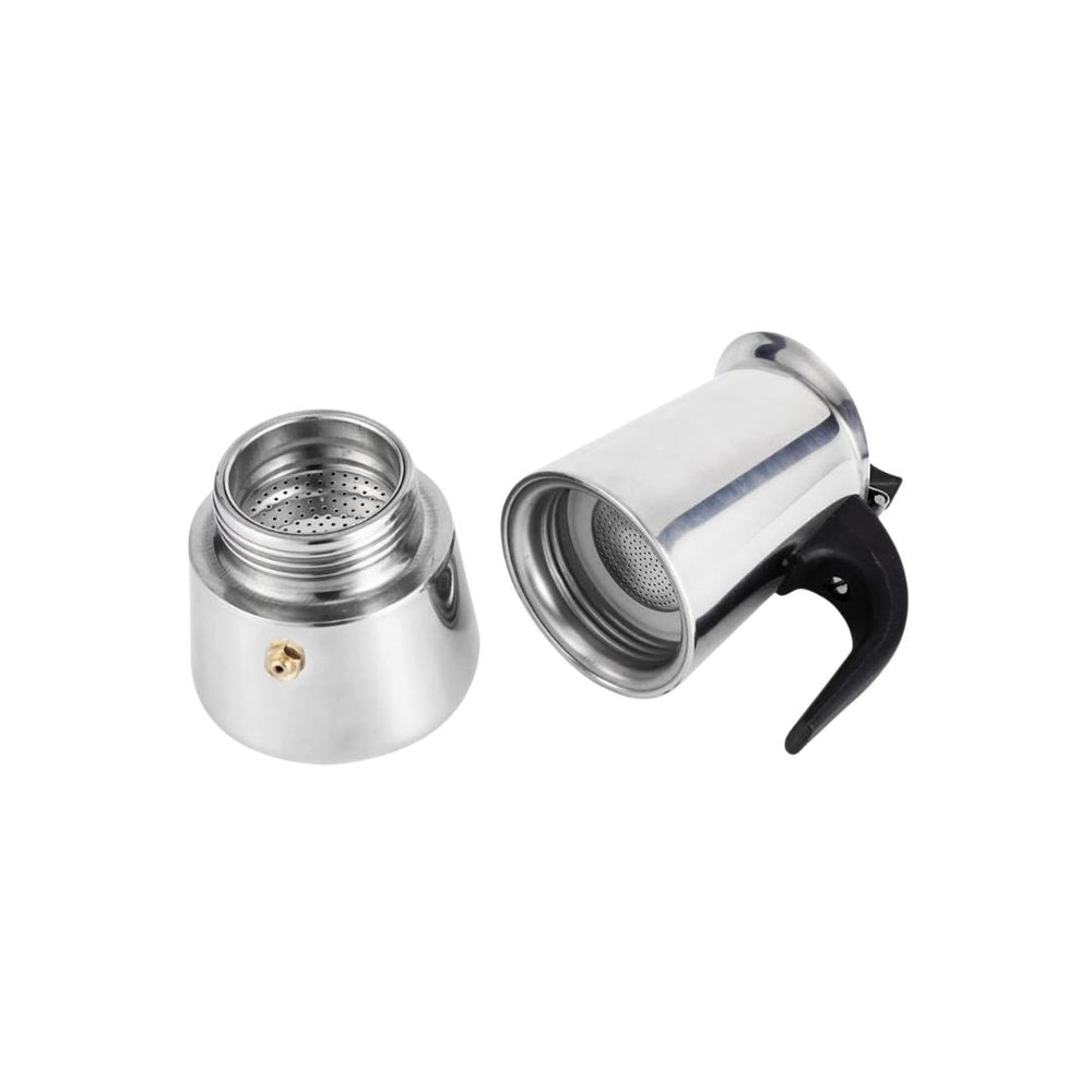 Cafetera moka plateada con asa negra