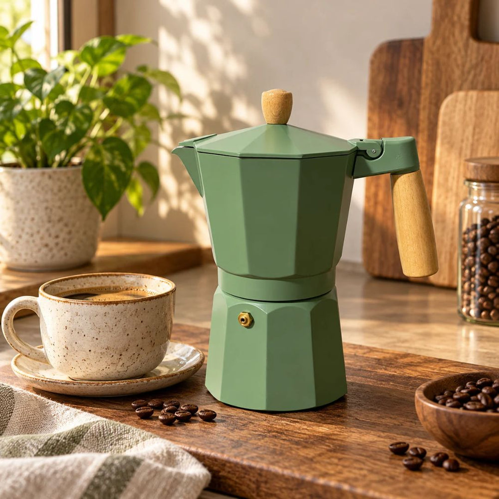 Cafetera italiana para espresso en aluminio verde de 9 tazas con mango tipo madera