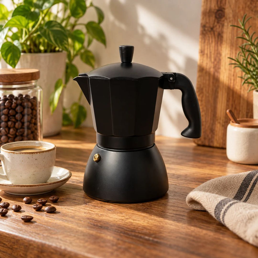 Cafetera italiana Express Maker en aluminio negro de 9 tazas