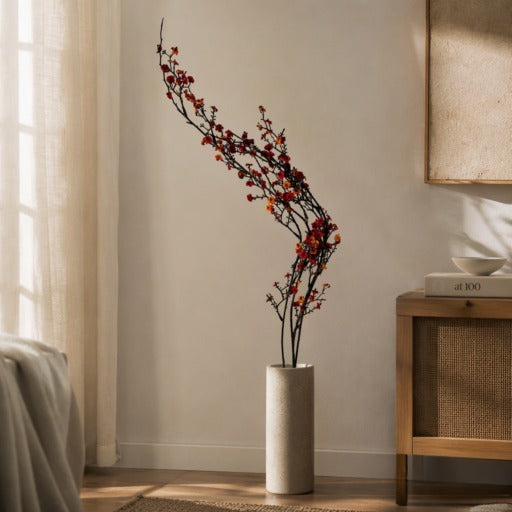 Flor decorativa Botones 99 cm con ramas largas y flores en tonos vinotinto