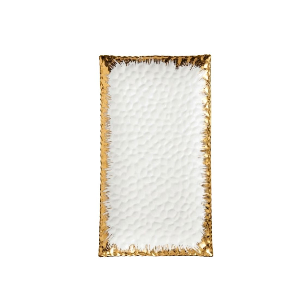 Bandeja rectangular blanca con borde dorado