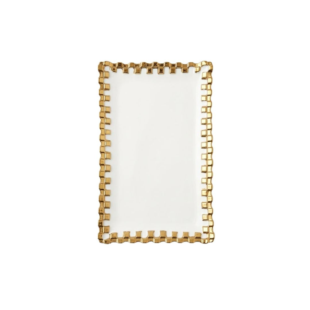 Bandeja rectangular blanca con borde geométrico dorado