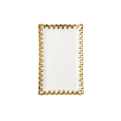 Bandeja rectangular blanca con borde geométrico dorado