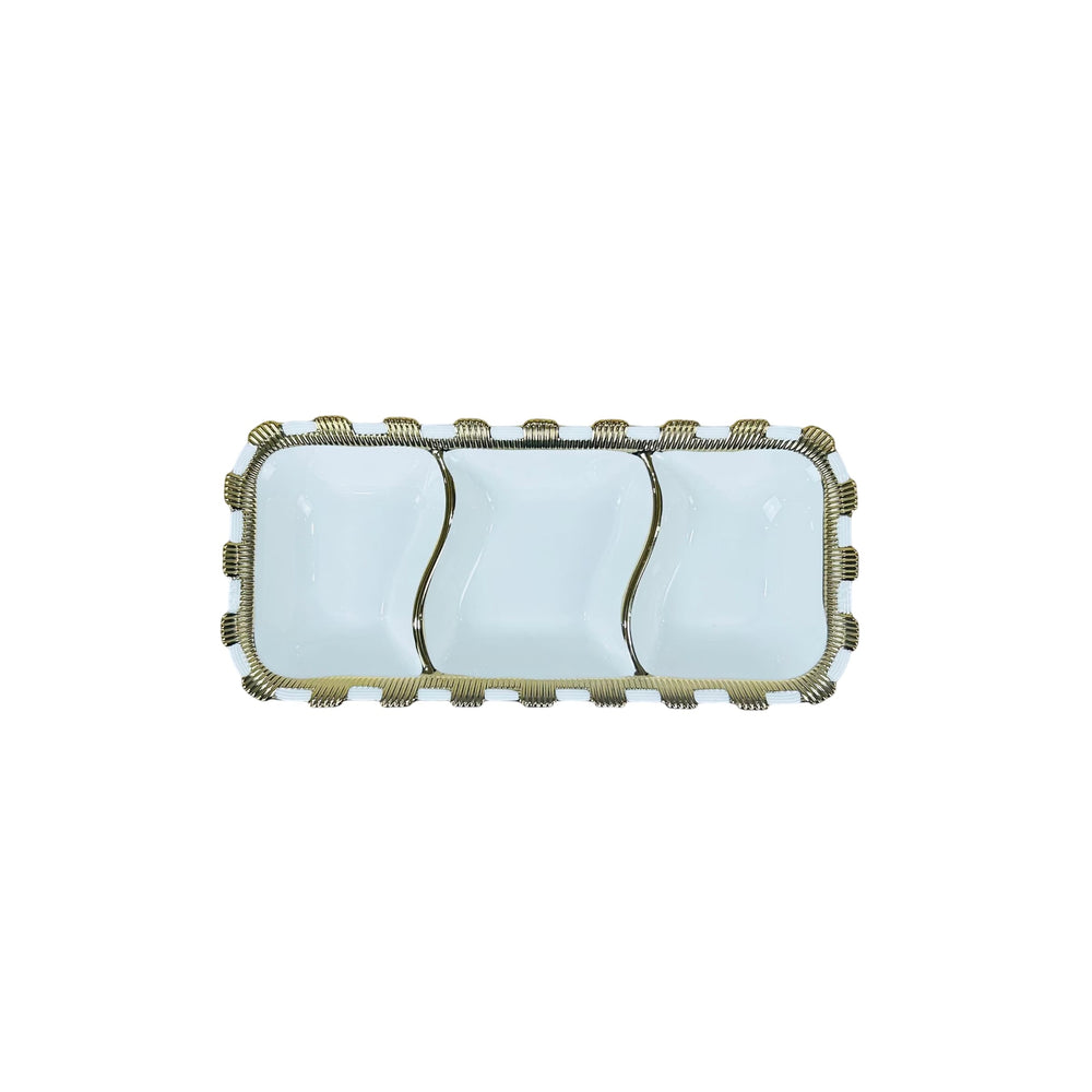 Bandeja decorativa de 3 compartimientos blanca y dorada