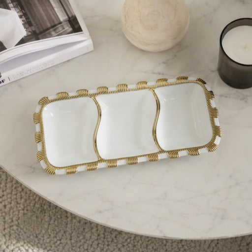 Bandeja decorativa rectangular blanca y dorada 30×14 cm con 3 compartimientos