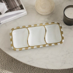 Bandeja decorativa rectangular blanca y dorada 30×14 cm con 3 compartimientos