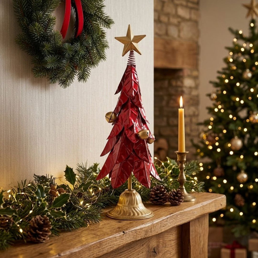 Figura decorativa de árbol navideño rojo de 62 cm con estrella y base doradas