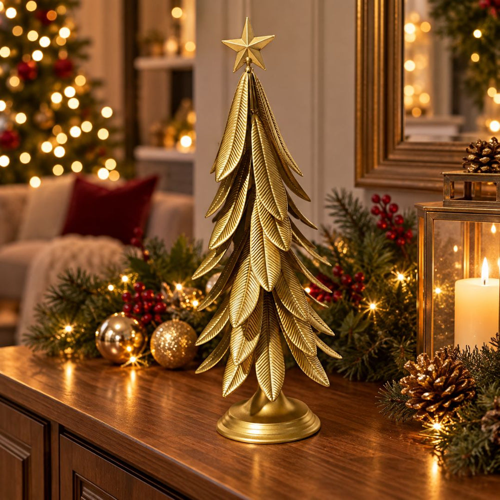 Figura decorativa de árbol de Navidad en aluminio dorado de 50 cm con hojas y estrella superior
