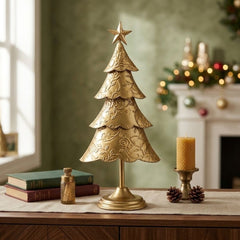 Figura decorativa de árbol de Navidad dorado de 49 cm con diseño floral en relieve y estrella superior