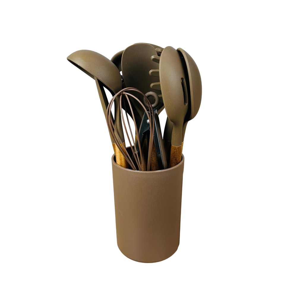 Set de 12 utensilios de cocina marrón y beige con soporte