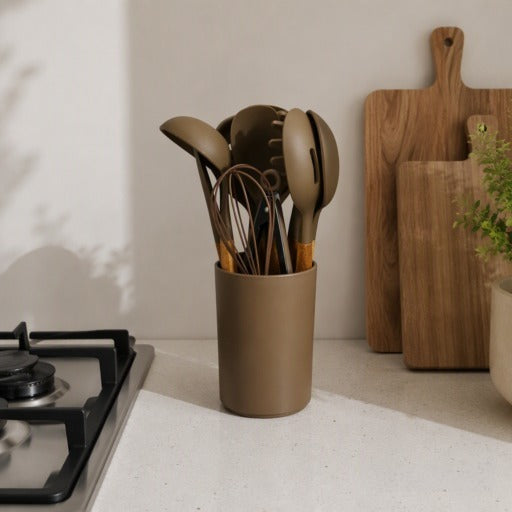 Set de utensilios de cocina 12 piezas marrón y beige con soporte organizador