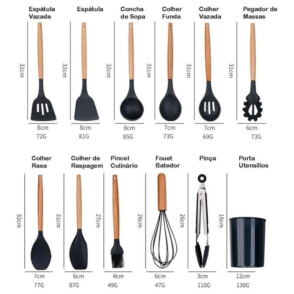 Juego de utensilios de silicona con mangos de madera natural.