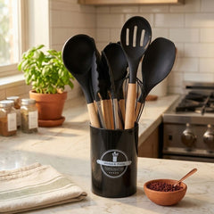 Set de utensilios de cocina x12 en silicona negra con mangos de madera y soporte organizador