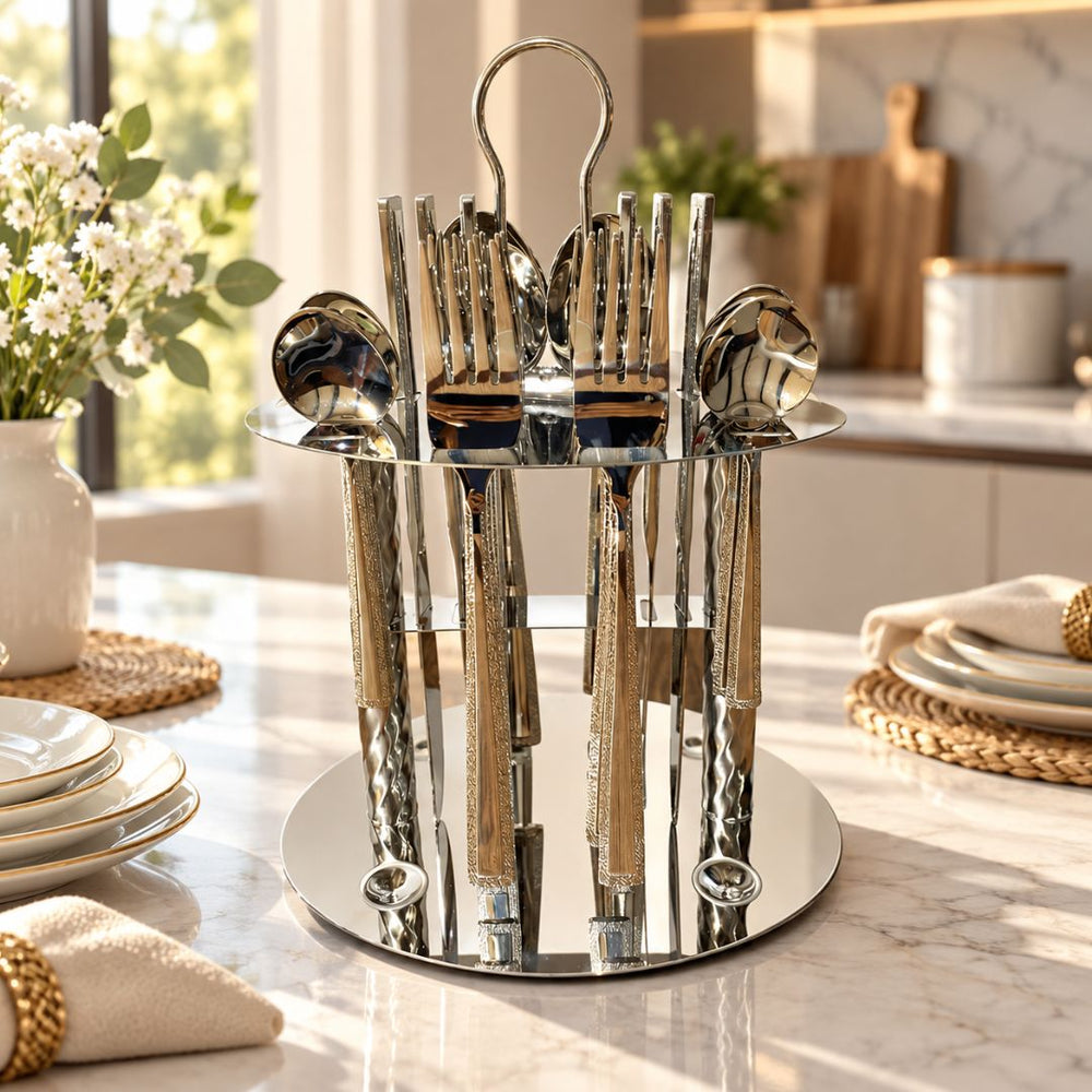 Set de cubiertos en acero inoxidable plata con borde corrugado y soporte organizador