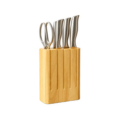 Soporte de madera con cuchillos y tijera organizados