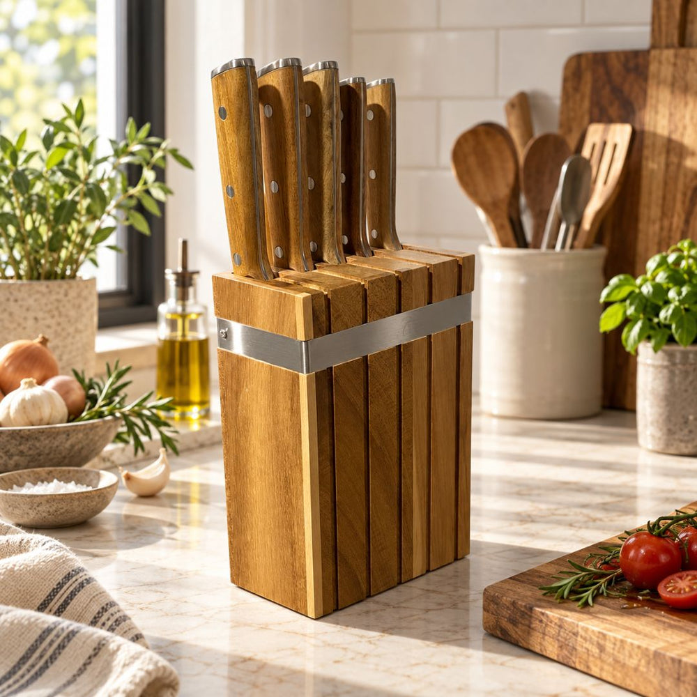 Set de cuchillos x5 premium en acero inoxidable con mangos y base de madera