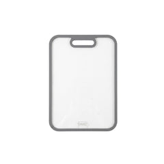 Tabla para picar de vidrio transparente de 25,5 × 37,5 cm con marco gris.