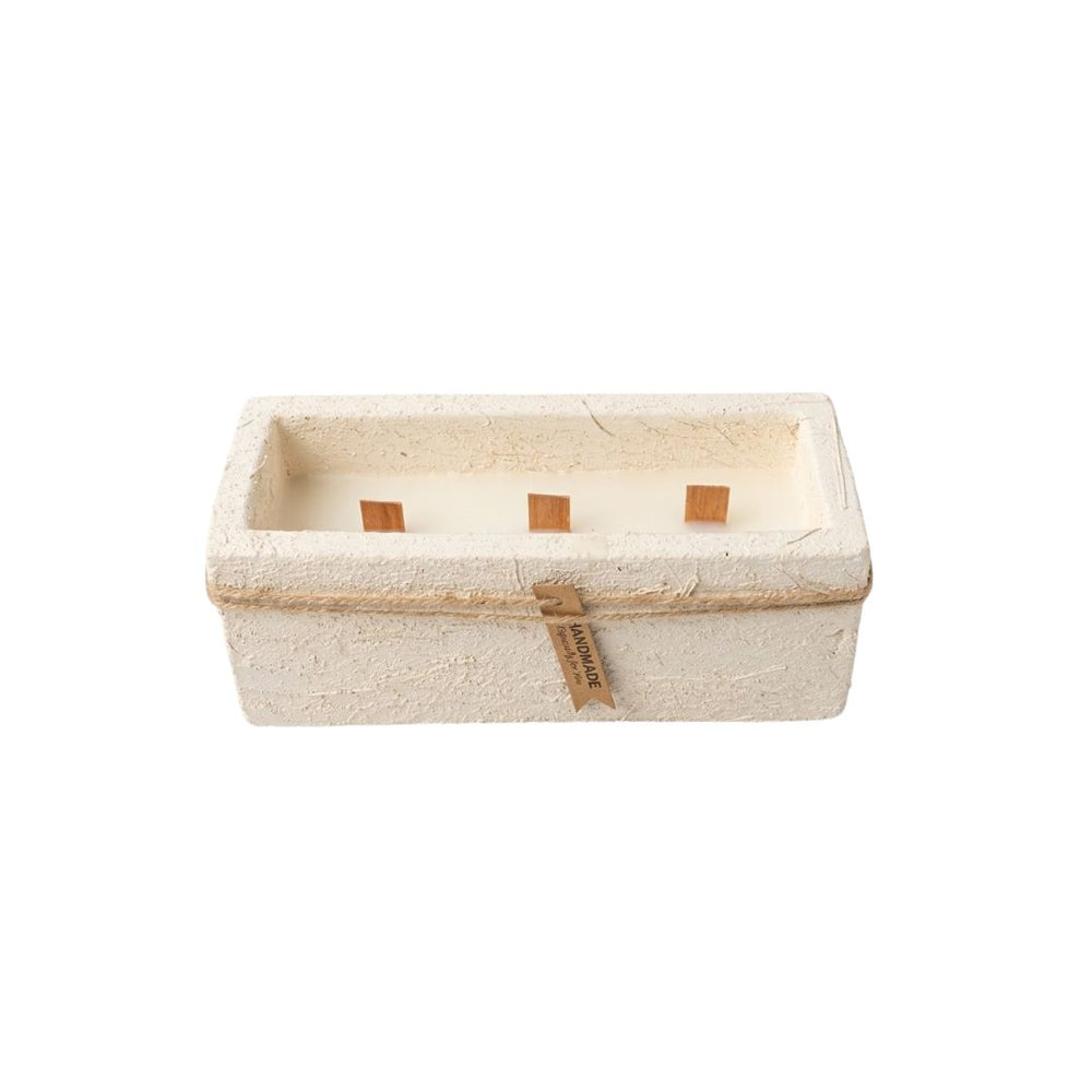 Vela artesanal rectangular blanca con tres mechas de madera