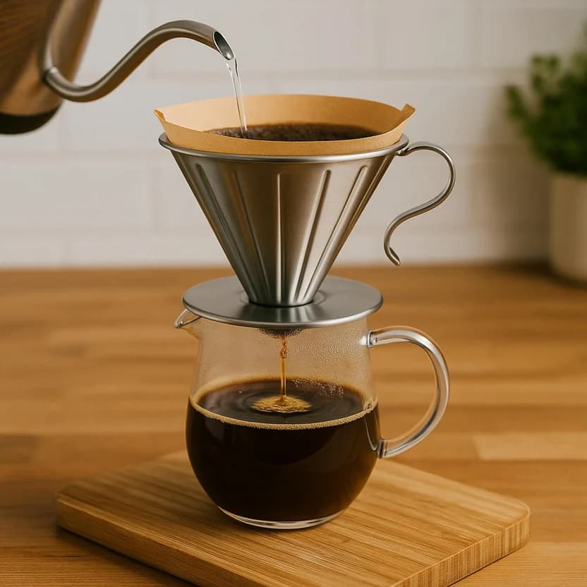 Filtro para café V60 acero inoxidable 5 cm con base circular y asa lateral