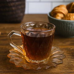 Set de té con taza y plato en vidrio diseño rombos color naranja