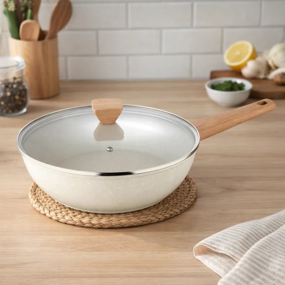 Sartén honda 28 cm con tapa de vidrio y mango tipo madera