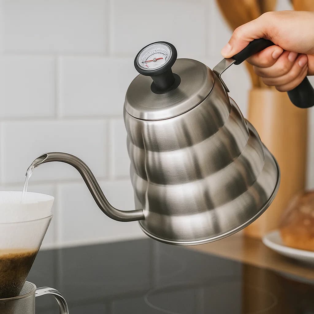 Tetera de acero inoxidable con cuello de ganso y termómetro integrado