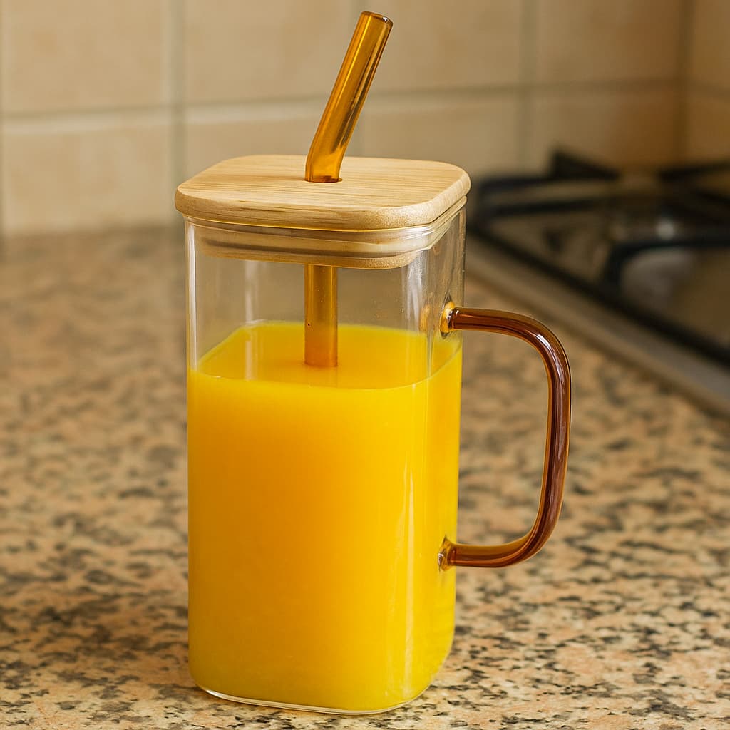 Vaso de vidrio 300ml con tapa de bambú, pitillo