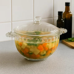 Olla de vidrio transparente con tapa y orejas decorativas tipo burbuja 1080 ml