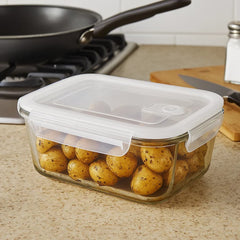 Recipiente rectangular de vidrio transparente con tapa blanca hermética de 1030 ml