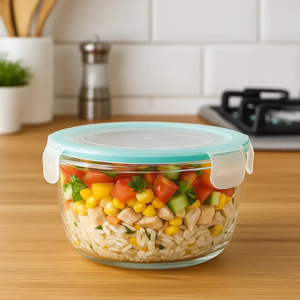 Recipiente redondo de vidrio 600 ml con tapa verde menta hermética