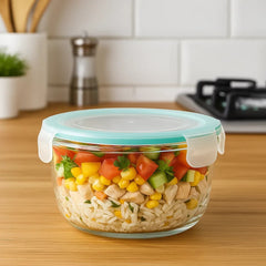 Recipiente redondo de vidrio 600 ml con tapa verde menta hermética