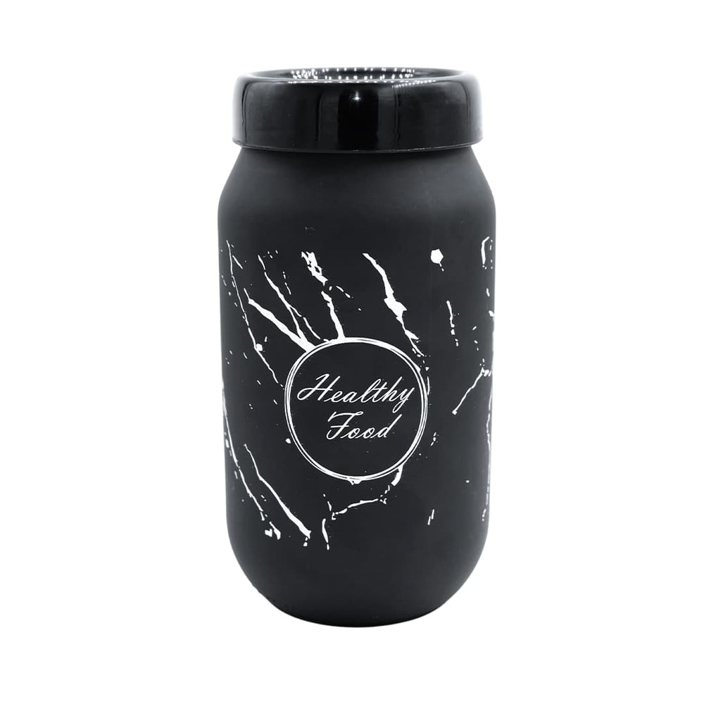 Frasco elegante de vidrio negro con diseño mármol y frase “Healthy Food”, ideal para almacenar alimentos secos en la cocina.