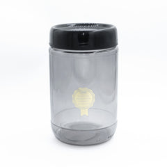 Frasco de vidrio gris ahumado con tapa negra, capacidad de 660 ml, estilo moderno.