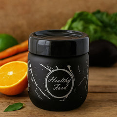 Frasco de vidrio negro 425ml con diseño mármol blanco y tapa rosca, frase Healthy Food
