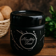 Frasco de vidrio negro 425ml con diseño mármol blanco y tapa rosca, frase Healthy Food