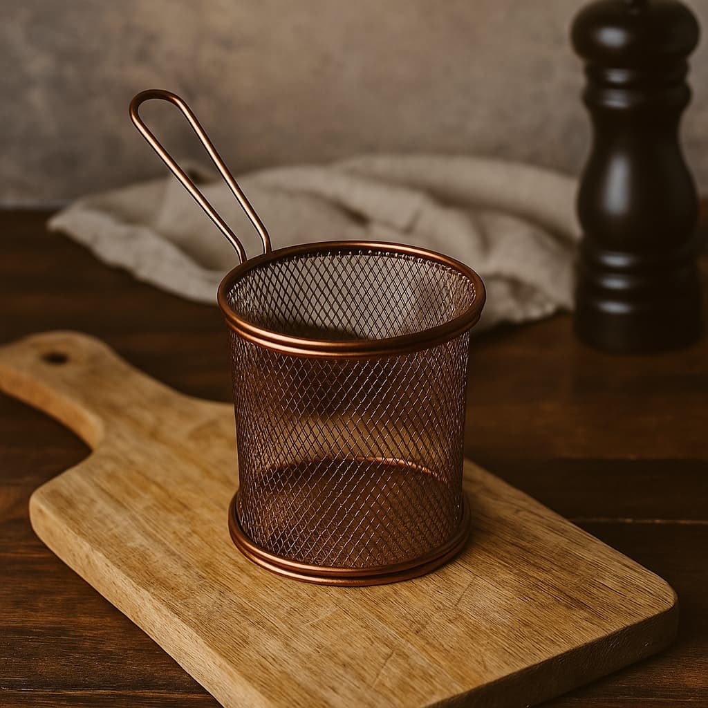 Recipiente metálico para fritos con diseño tipo canasta en colores negro y cobre
