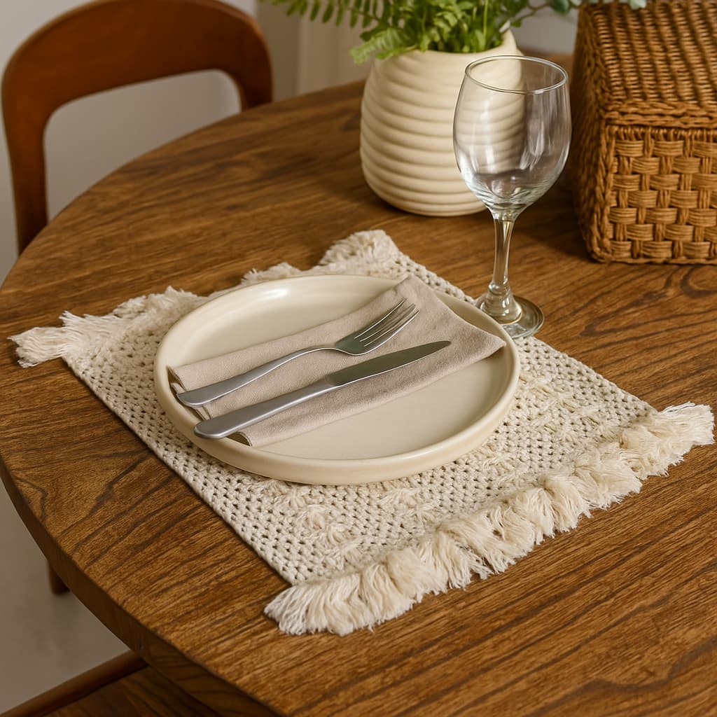 Mantel decorativo natural con textura tejida y flecos – Lala Home