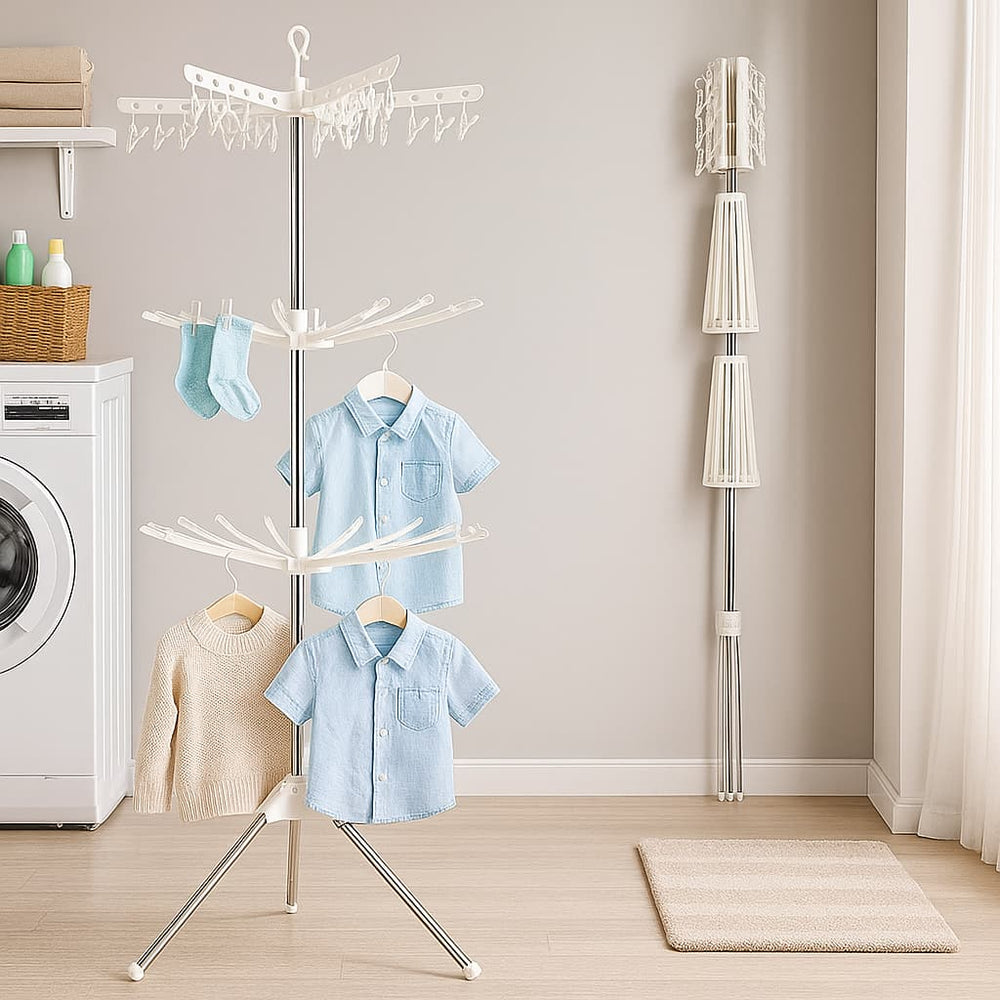 Detalle de base triangular del secador metálico de ropa