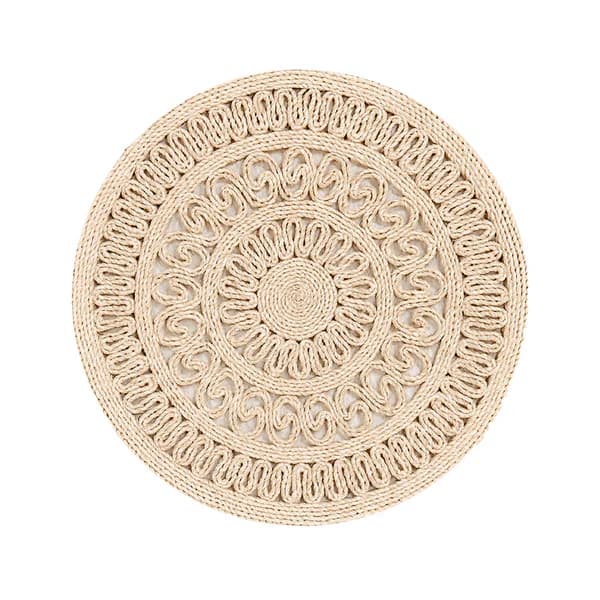 Tapete redondo beige de yute con diseño en zig zag de 90 cm