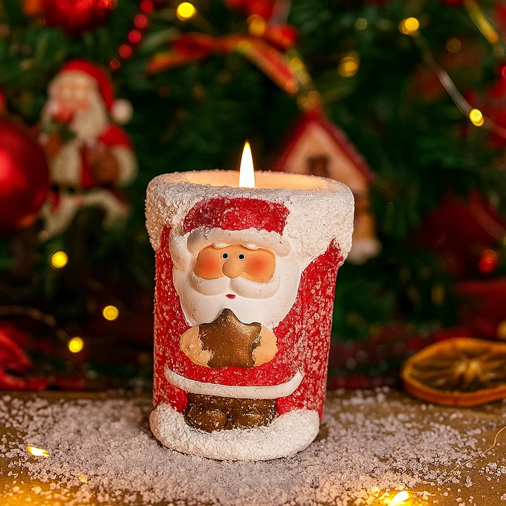 Vela navideña plateada de Papá Noel con estrella dorada y escarcha multicolor