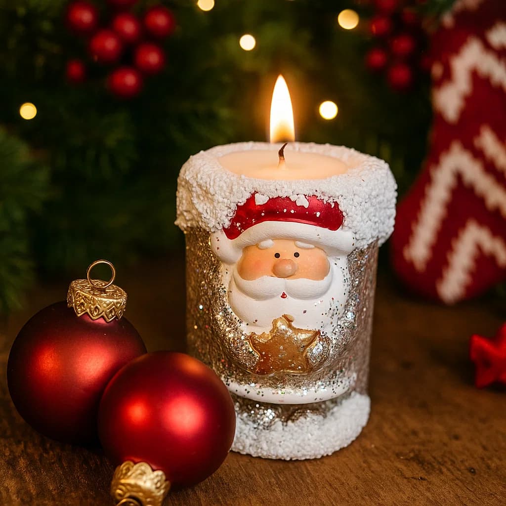 Vela navideña plateada de Papá Noel con estrella dorada y escarcha multicolor