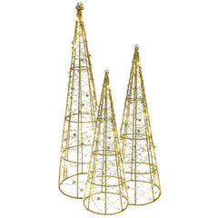 Set de 3 árboles navideños dorados con luz LED