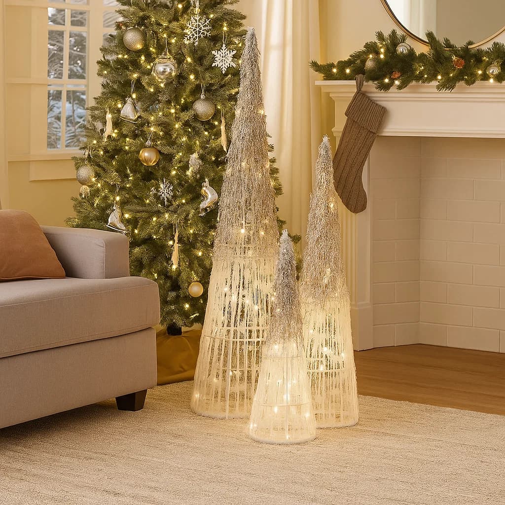 Set De 3 Árboles Navideños Decorativos Con Efecto Nieve y Luz LED