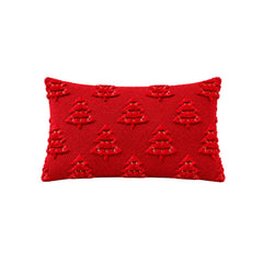 Cojín navideño rectangular rojo de 50 × 30 cm con árboles decorativos en relieve.